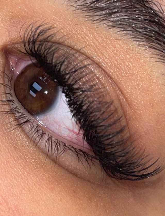 Close-up of full, dark lash extensions on a brown eye